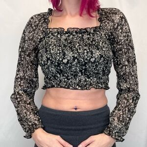 Socialite Women's Smocked Crop Blouse Floral Puff Sleeve Black S/M